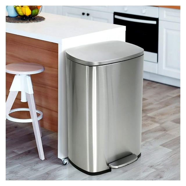 13 Gallon Trash Can, Brushed Stainless Steel Kitchen Trash Can with