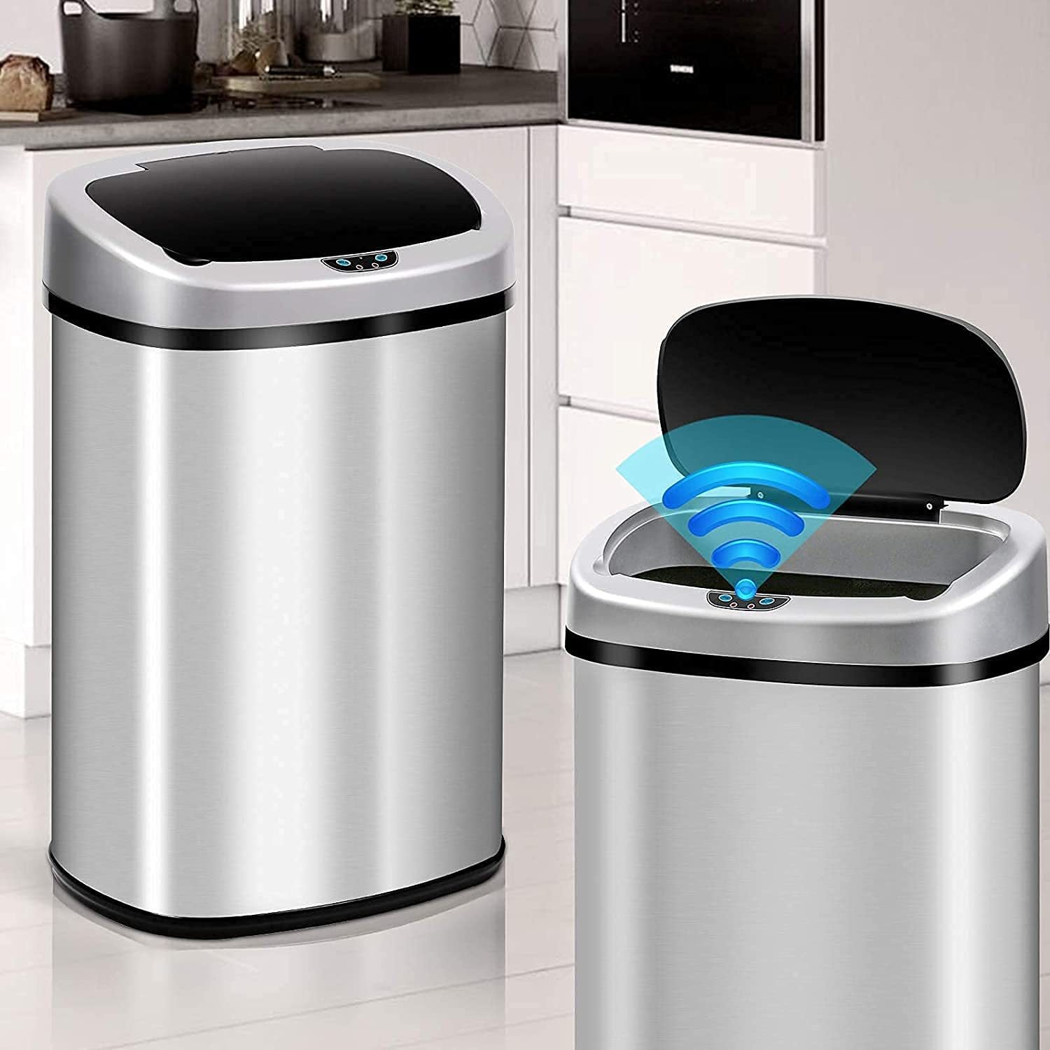 13 Gallon Trash Can Kitchen Garbage Can, Touch-Free Automatic Stainless ...