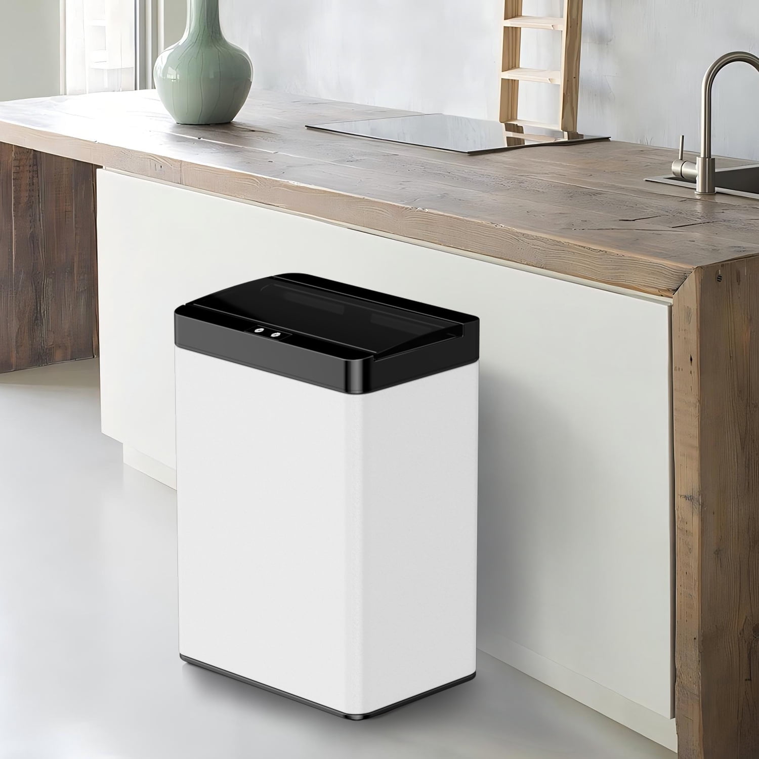 13 Gallon Trash Can Kitchen Trash Can with Lid High Capacity Garbage Can Stainless Steel Trash Can Automatic Trash Can Motion Sensor Trash Bin for Kitchen Bedroom Office, White