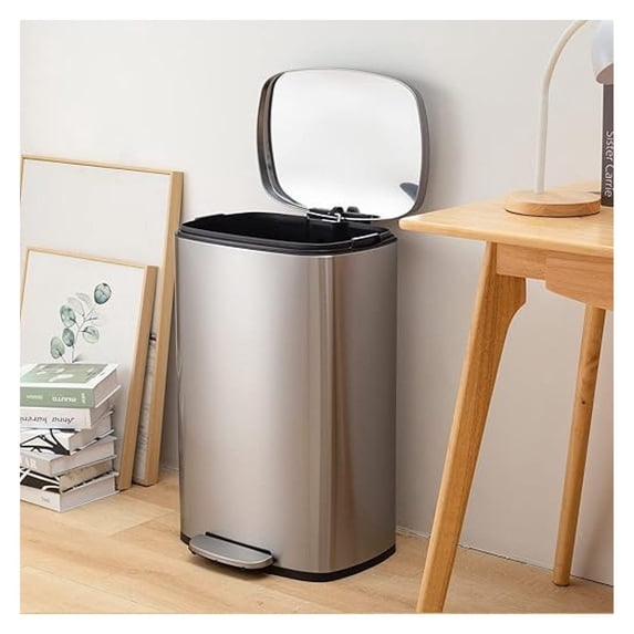 13 Gallon Trash Can Kitchen Trash Can with Lid Tall Stainless Steel Kitchen Garbage Can with Removable Inner Bucket and Hinged Lids, Pedal Rubbish Bin for Home Office, Silver