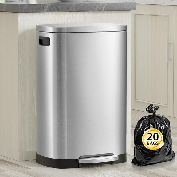 13 Gallon Trash Can with Lid, 50L Fingerprint Proof Stainless Steel Kitchen Trash Can with Removable Inner Bucket and Lid Soft Close, Pedal Rubbish Bin for Home Office, Silver