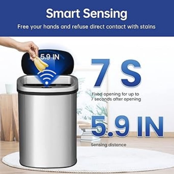 13 Gallon Trash Can with Lid | Automatic Touchless Garbage Can | Odor Control | Modern Oval Design | Easy to Clean | Stainless Steel | Fits Any Kitchen, Bathroom, Office or Home