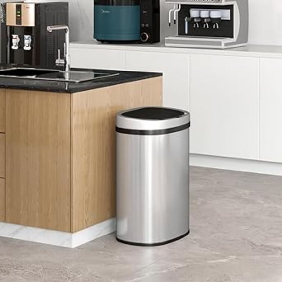 13 Gallon Trash Can with Lid | Automatic Touchless Garbage Can | Odor Control | Modern Oval Design | Easy to Clean | Stainless Steel | Fits Any Kitchen, Bathroom, Office or Home