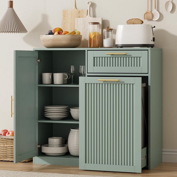 13 Gallons Pull Out Trash Can Cabinet with Storage, Fluted Kitchen Trash Cabinet with Adjustable Shelf & Drawer, Hidden Wood Pet Proof Trash Can Holder for Laundry, Living Room, Green