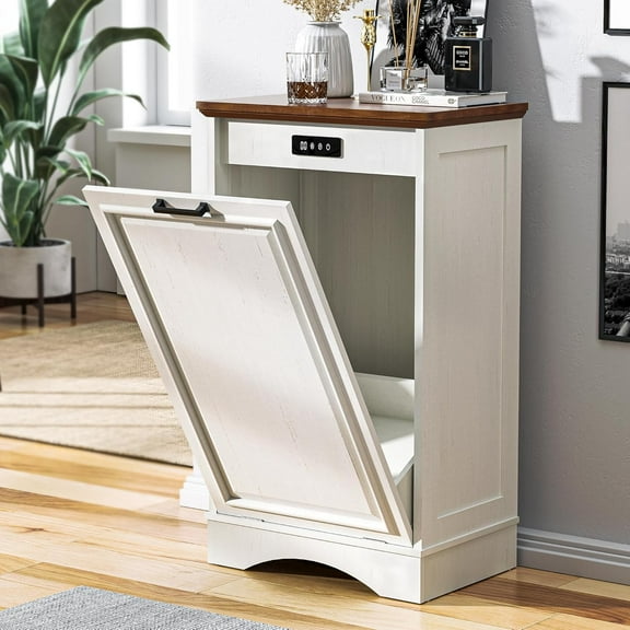 13 Gallons Tilt Out Trash Cabinet Free Standing Kitchen Trash Bin Cabinet Recycling Garbage Cabinet with Deodorizing Function Pet Proof Trash Can Holder for Kitchen Living Room, Antique White