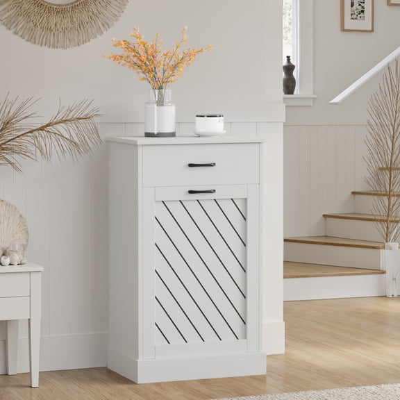 13 Gallons Tilt-out Trash Can Cabinet, Textured Finish, Hidden Garbage Storage for Kitchen & Living Room-White