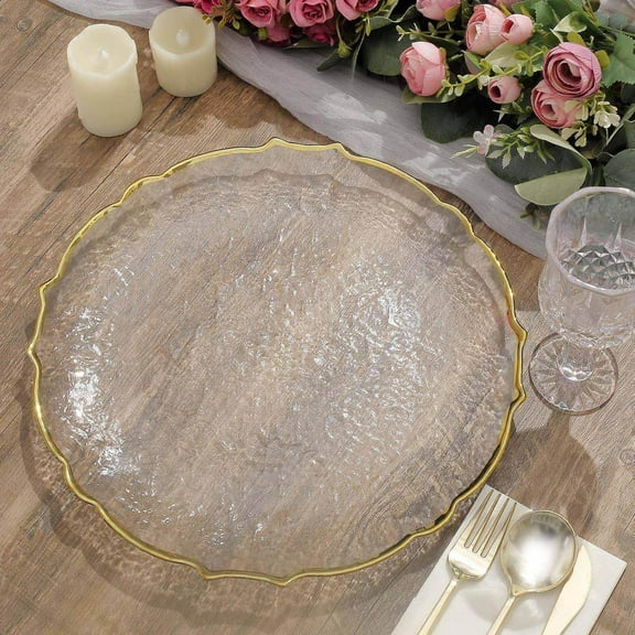 13" Glass Chargers - Pack of 8 - Gold Charger Plates Sunflower Scalloped Rim Clear Reusable Serving Tray For Dinner Wedding Party Events