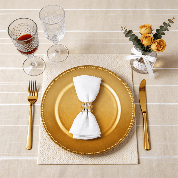 13" Gold Charger Plates Set of 50, Round Charger for Dinner Plates, Plate Chargers with Beaded Rim, Plastic Table Chargers and Napkin Rings for Wedding, Party