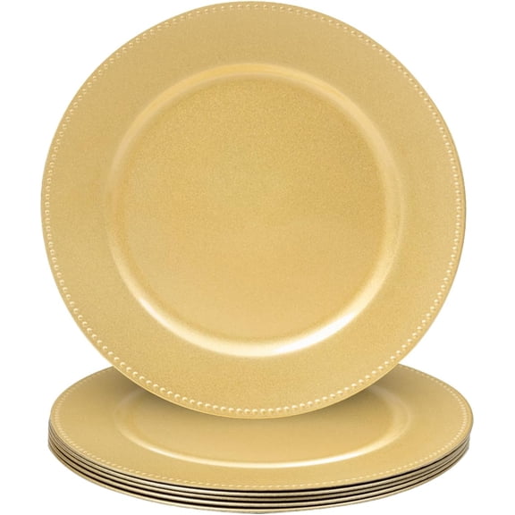 13" Gold Charr Plates Set of 6, Round for Dinner Plates, Plate Charrs with Beaded Rim, Plastic Table Wedding, Party