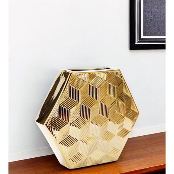 13" Gold Geometric Ceramic Table Vase With Sculptural Details