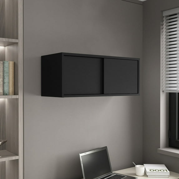 13" H Black Cabinet with Two Sliding Doors and Shelf | Good for Decor Storage in Small Kitchens | Provides Stable and Long-lasting Performance