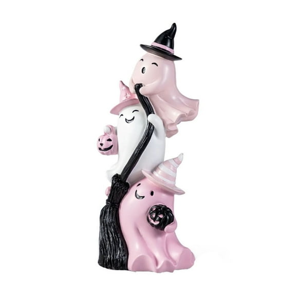 13”H Halloween Stacked Ghost Figurine Table Decor, Resin Gothic Ghost with Broom Pumpkin Pockets Table Statue Decoration for Halloween Party Tabletop Figurine