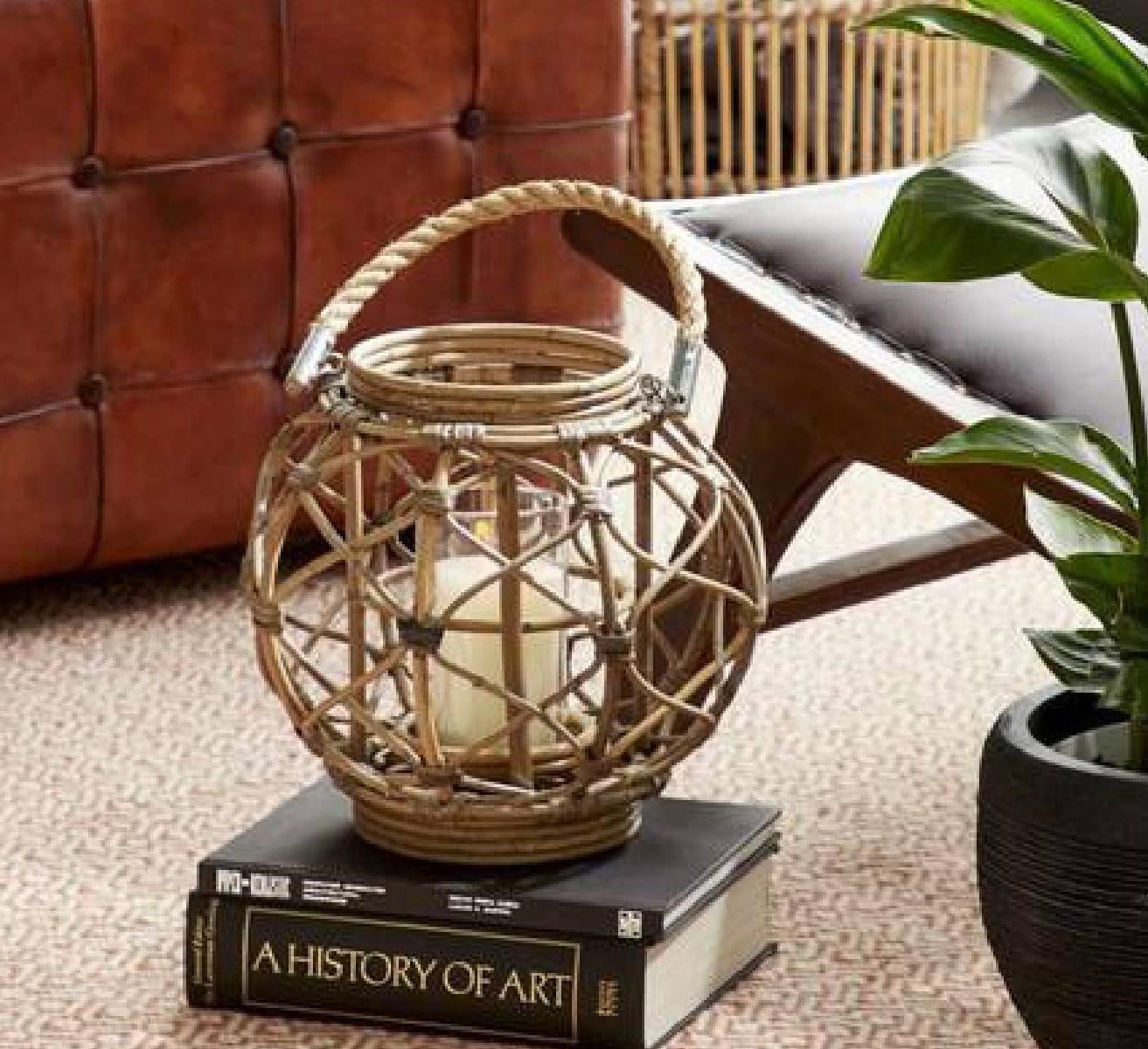 Ellipse-Shaped Rattan and Burlap Rope Hanging Lantern, 13''
