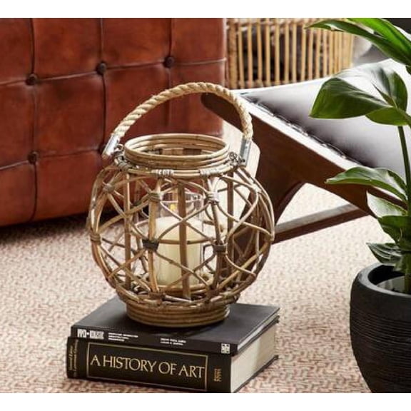 13"H Rustic Farmhouse Brown Woven Rattan Candle Lantern with Jute Rope Handle