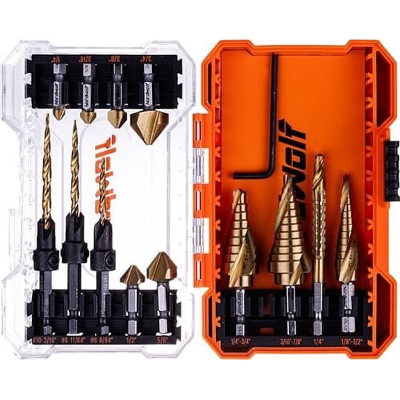 13- HSS Titanium Spiral Flute Step Drill, 82- 3 Flutes Countersink & Tapered Drill 4 Cutters Countersink and  Drill Bit Set with 1/4" Hex Shank in Storage Case