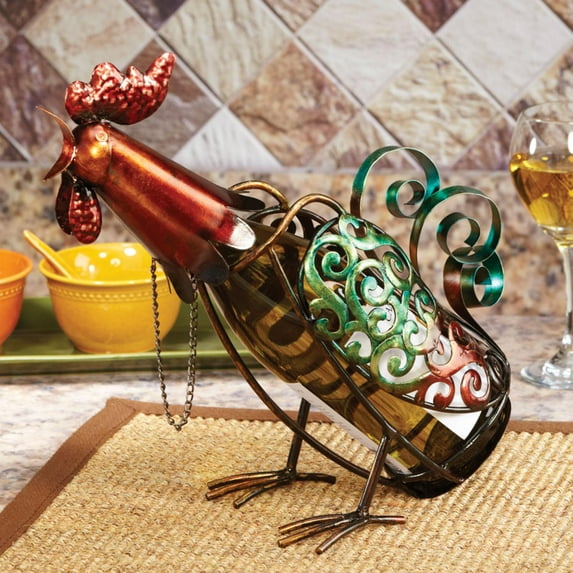 13" Hand Sculpted Wrought Iron Rooster Table Top Wine Bottle Holder