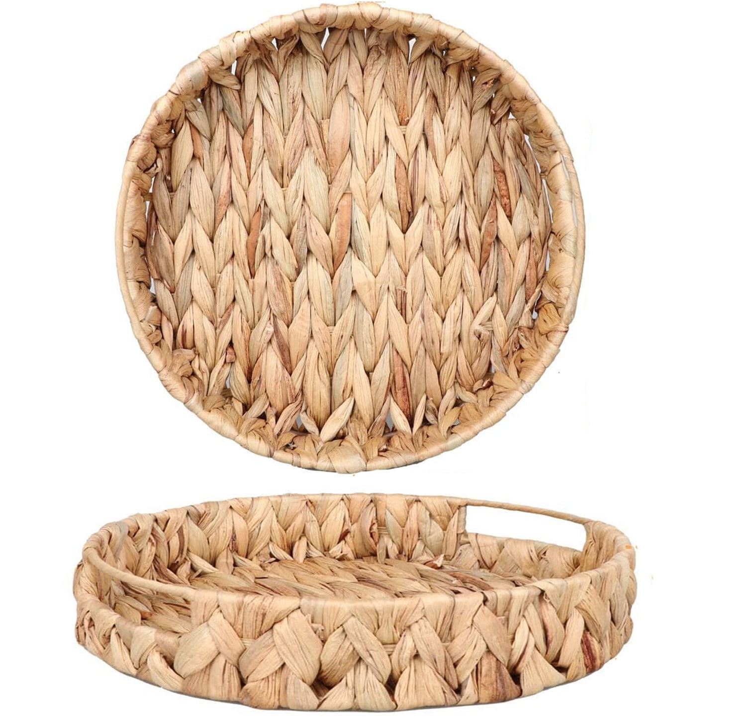 13"Hand-Weaving Wicker Serving Tray with Handle,Happon Natural Grass Weaving Tray,Round Rattan Basket for Storage or Decoration Coffee Table, Living Room and Kitchen