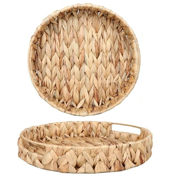 13"Hand-Weaving Wicker Serving Tray with Handle,Happon Natural Grass Weaving Tray,Round Rattan Basket for Storage or Decoration Coffee Table, Living Room and Kitchen
