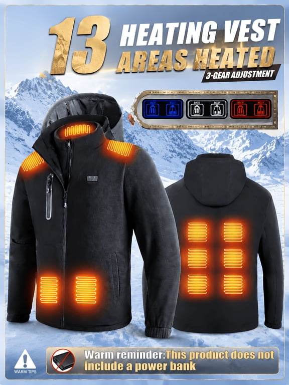 13 Heating Zones Hooded Heated Jacket 3-Gear Temperature Adjustment Winter Warm Thermal Coat for Outdoor Hiking Casual Daily Sports Lightweight Electric Heating Outerwear