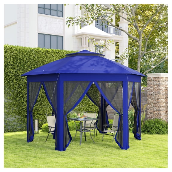 13' Hexagonal Pop Up Gazebo with Mesh Netting, Patio Canopy Shelter for Backyard, Dark Blue