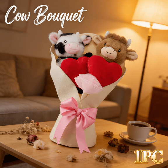 13" Highland Cow Bouquet - White Stuffed Cow with Floral Accents, Memorable Valentine's Day Keepsake for Cow Fans, Sophisticated Room Decor and Cozy Home Office Addition