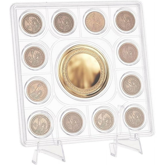 13 Holes Acrylic Coin Display Holder 1.1 inch & 2.7 inch Coins Display Case Box Frame Holder with Stand Coin Collection Holder Clear Challenge Coin Holder