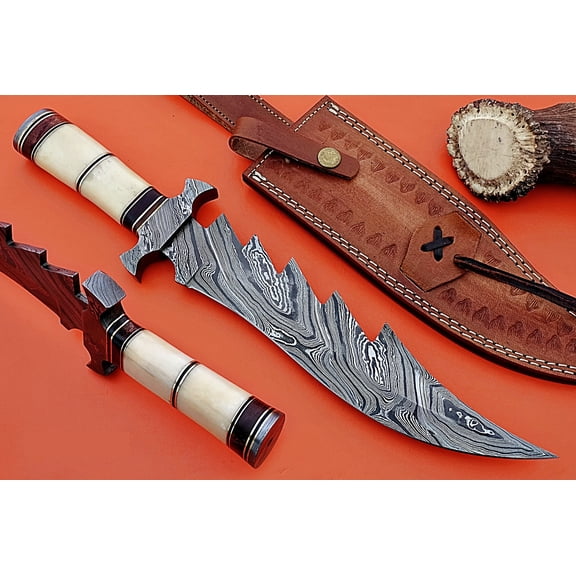 13" Hunting knife, Damascus steel blade & Finger guard, Camel bone, Cow Sheath