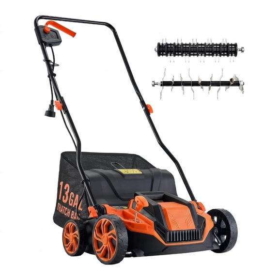 13-Inch 13 Amp Electric Dethatcher and Scarifier, 2-in-1 Corded Lawn Dethatcher with 13-Gallon Collection Bag & 5-Position Depth Adjustment