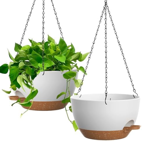 Large Self Watering Hanging Planters for Indoor Outdoor Plants, 13 Inch 2 Pack, Hanging Plant Pots with Removable 50 Oz Reservoir, Plastic Hanging Basket for Window, Porch, Garden
