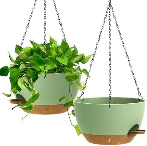 Large Self Watering Hanging Planters for Indoor Outdoor Plants, 13 Inch 2 Pack, Hanging Plant Pots with Removable 50 Oz Reservoir, Plastic Hanging Basket for Window, Porch, Garden
