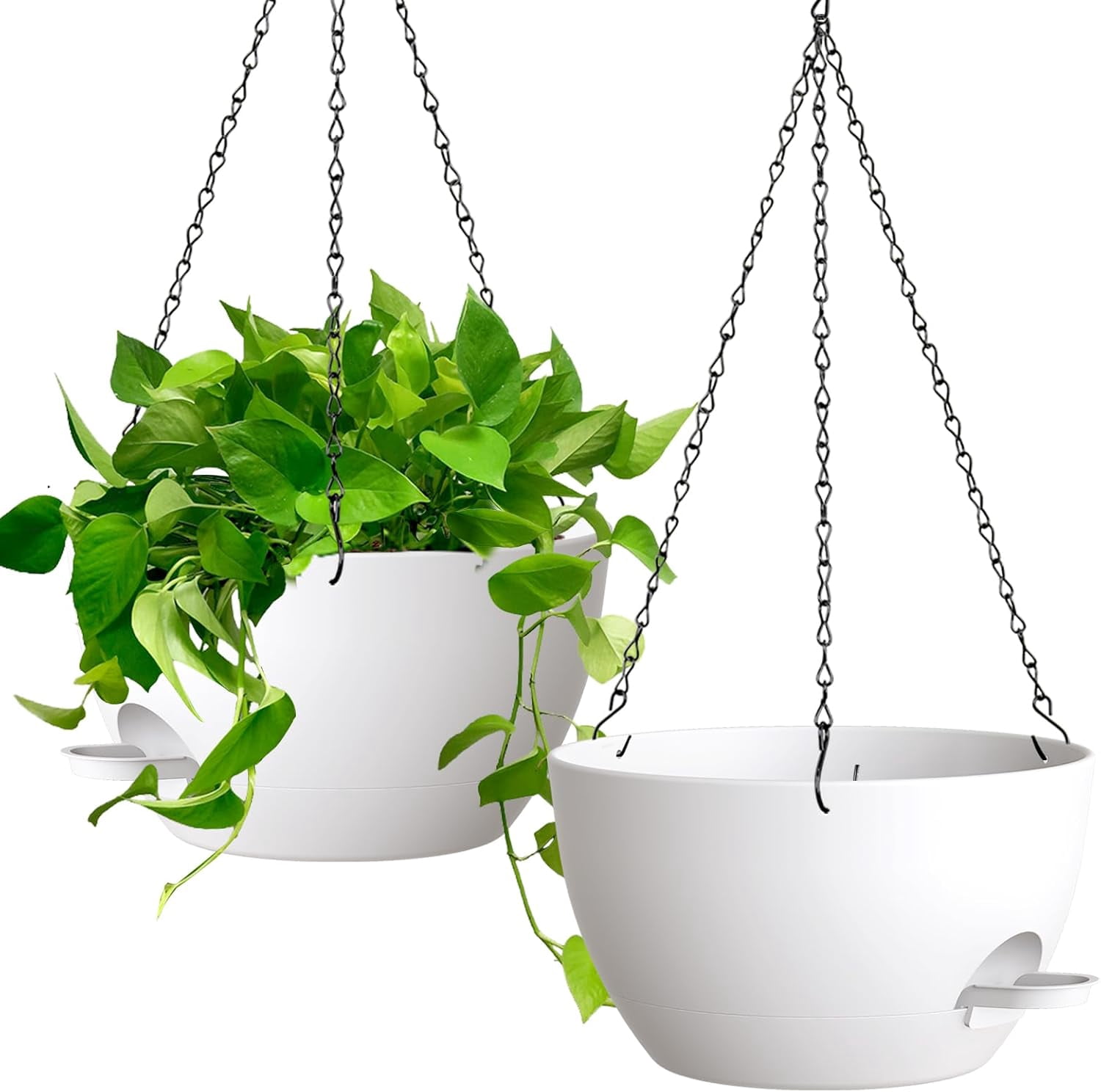 13 Inch 2 Pack Large Self Watering Hanging Planters with Removable 50 Oz Reservoir, Durable Plastic Hanging Baskets for Indoor Outdoor Plants Garden Porch White