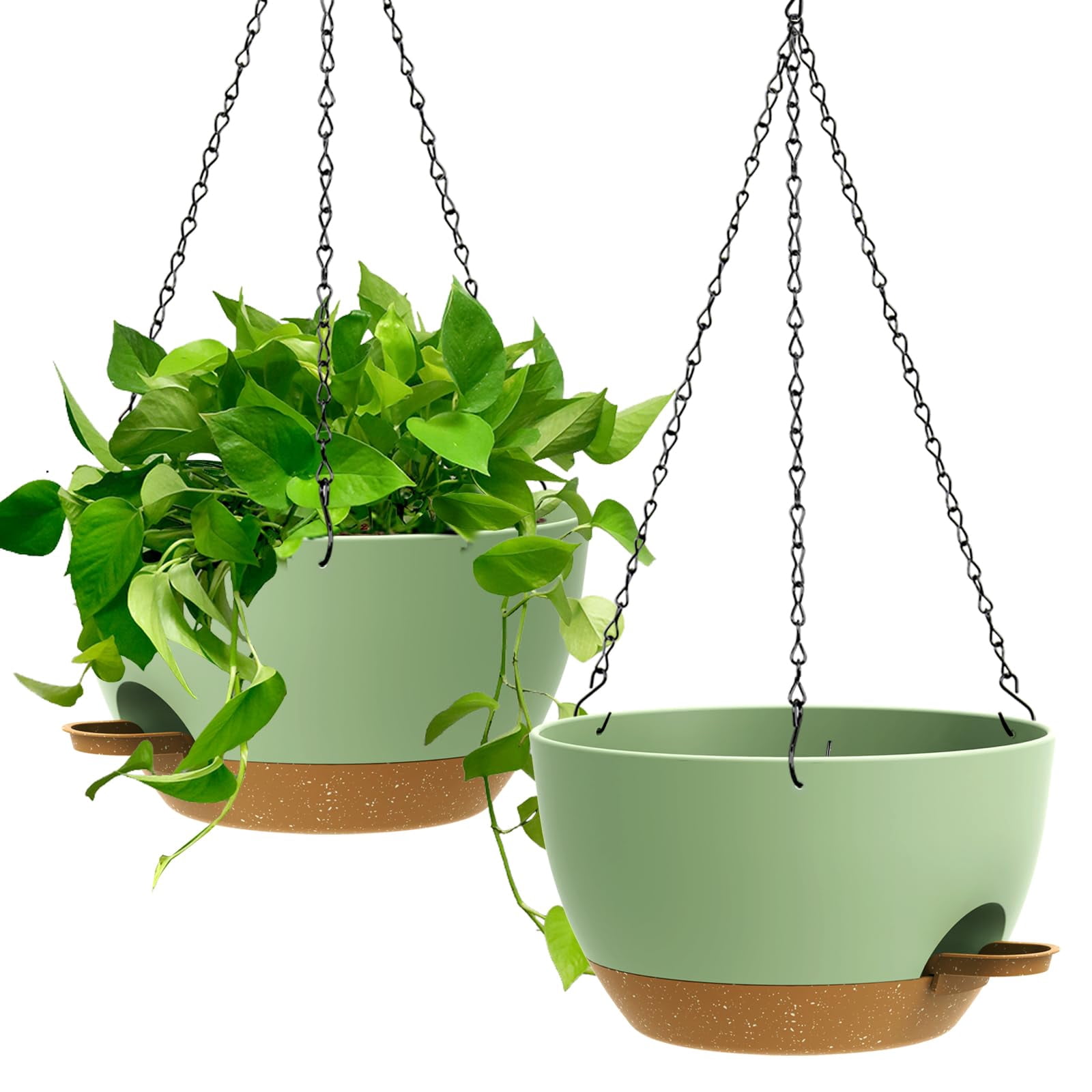 13 Inch 2 Pack Large Self Watering Hanging Planters For Indoor Outdoor Plants  Plant Pots With Removable 50 Oz Reservoir Plastic Basket Window Porch Garden Green Brown