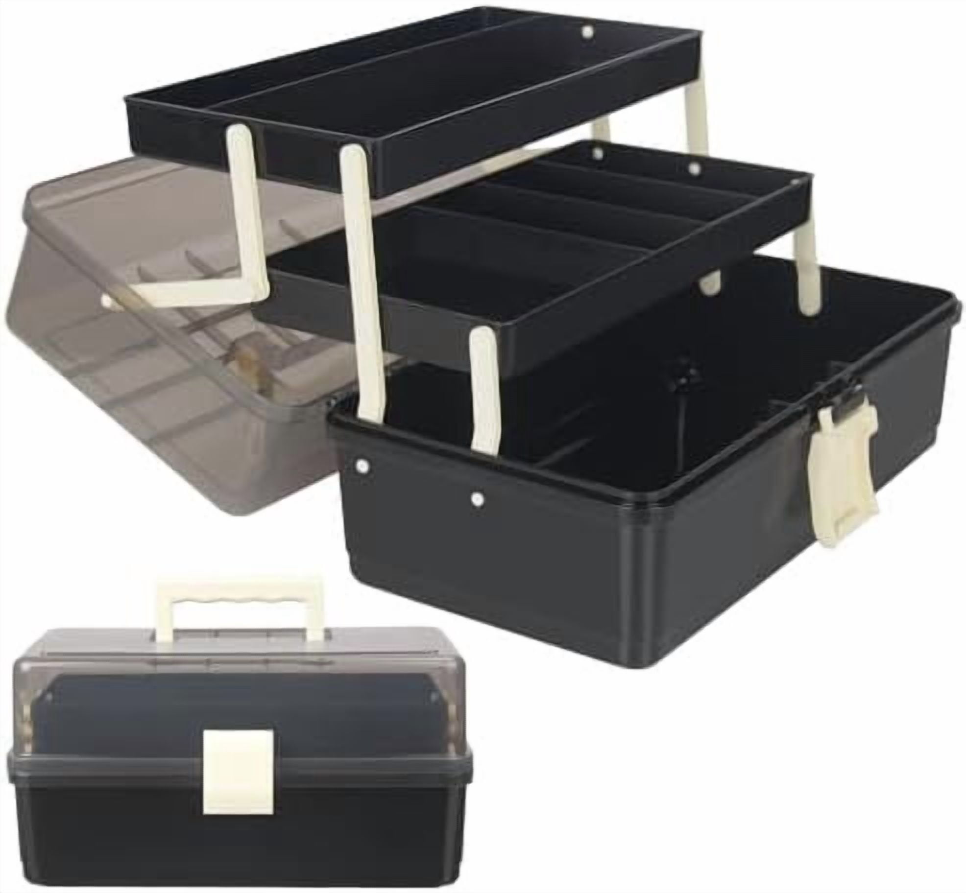 13-Inch Art Storage Box 3-Layers Plastic Storage Box with Handle Craft Art Bin Portable for Home School Office Travel, Black