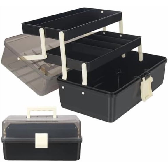13-Inch Art Storage Box 3-Layers Plastic Storage Box with Handle Craft Art Bin Portable for Home School Office Travel, Black