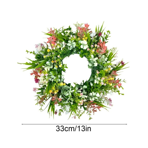 13 Inch Artificial Spring Floral Wreath with White & Pink Daisies, Greenery for Front Door, Porch, Window – All-Season Farmhouse Home Wall Hanging Decor