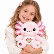 13-Inch Axolotl Plush Stuffed Animal, Soft Kawaii Plush Toy with Heart Belly Patch and Paw Embroidery, Available in Pink, Blue, Yellow or Purple