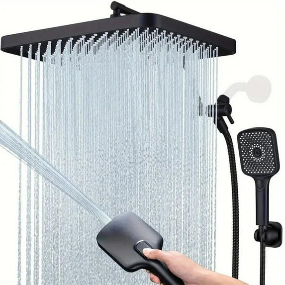 13-Inch Black Rainfall Shower Head with 4-Mode Handheld Spray & Adjustable Arm