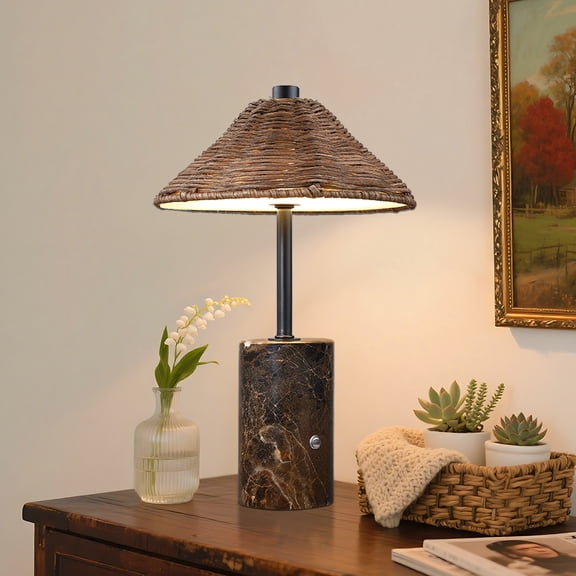 13 Inch Brown Boho Rattan Portable Table Lamp, 3 Color Touch Control, Dimmable, 3000K, Marble Base And Handwoven Woven Rattan Shade, 3600mAh LED Rechargeable Cordless Bedside Lamp For Living Room