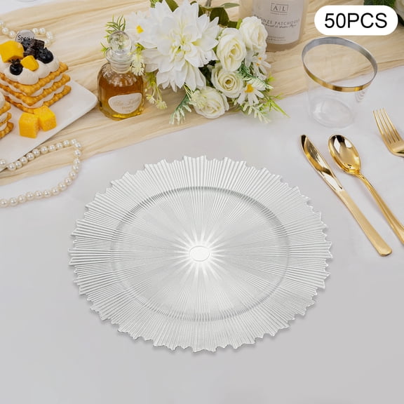 13 Inch Bulk Round Plastic Charger Plates, Embossed Rim & Floral Pattern Reusable Decorative Dinner Plates for Wedding, Party, Table Setting(50, Silver)