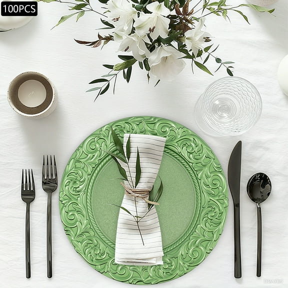 100Pcs Green Charger Plates, 33cm PP Material Embossed Rim Non-Food Contact Hand Wash Only for Weddings/Hotels/Restaurants
