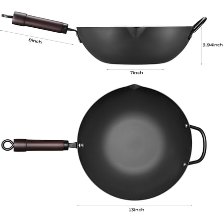 13 Inch Carbon Steel Wok Nonstick Stir Fry Pan Pre-Seasoned Flat Bottom with Lid Compatible All Cooktops