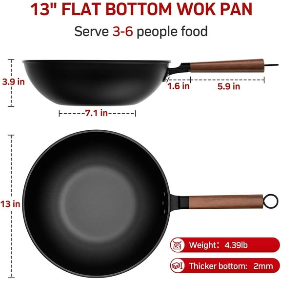13-Inch Carbon Steel Wok with Glass Cover & Steel Spatula for Induction, Electric, Gas Stoves