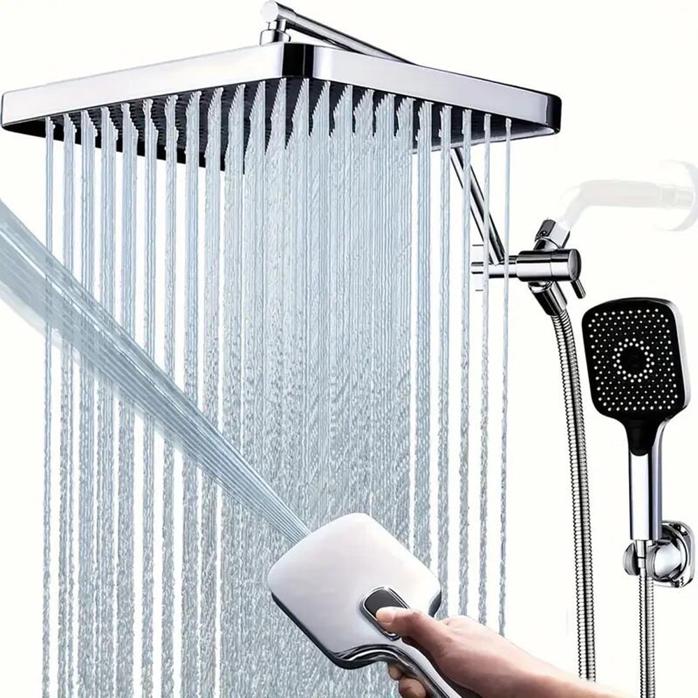 13-Inch Chrome Rainfall Shower Head with 4-Mode Handheld Spray & Adjustable Arm