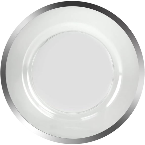 13 Inch Clear Charger Plate with Silver Rim – Elegant, Disposable, Decorative Round Plastic Charger for Dinner Parties, Events, & Holidays – Durable, & Disposable Table Setting for Plates (24)