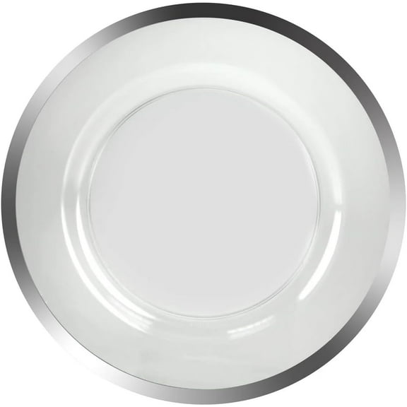 13 Inch Clear Charger Plate with Silver Rim – Elegant, Disposable, Decorative Round Plastic Charger for Dinner Parties, Events, & Holidays – Durable, & Disposable Table Setting for Plates (4)