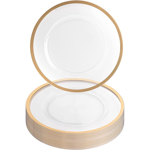 13-Inch Clear Charger Plates with Gold Rim 16-Pack, Heavy-Duty Disposable for Formal Events