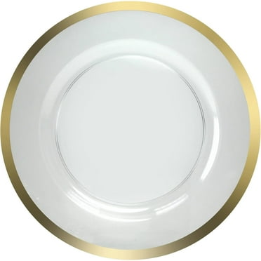13 Inch Clear Round Charger Plate with Gold Rim – Elegant, Disposable, Decorative Round Plastic Charger for Dinner Parties, Events, & Holidays – Durable, & Disposable Table Setting for Plates (4)