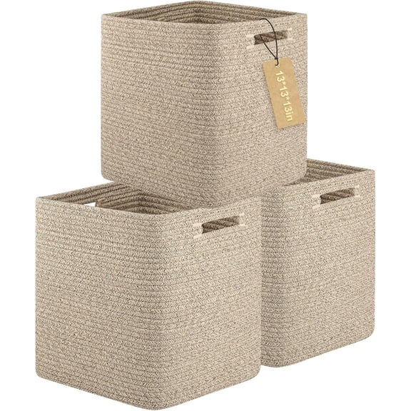 13 Inch Collapsible Cotton Rope Storage Cubes Brown 3 Pack