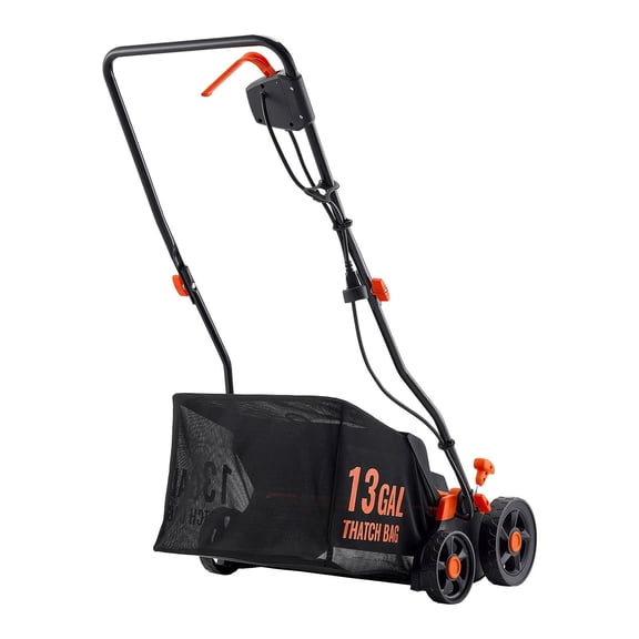 13-Inch Corded Electric Lawn Dethatcher and Scarifier, 13 Amp High Power, Includes 13-Gallon Thatch Bag, 5-Position Adjustable Depth, Walk-Behind Design - Garden Lawn Maintenance Tool