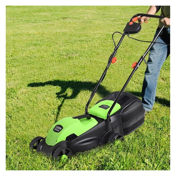 13 Inch Corded Electric Lawn Mower with Grass Bag - Lightweight Push Mower, 1200W, 3 Height Settings, Foldable Handle, 13" Cutting Width for Small Yards